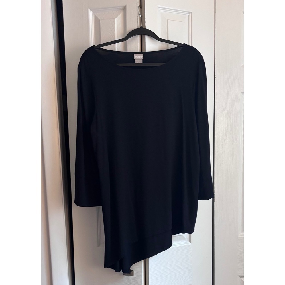 NWT Chico's Touch of Cool Asymmetrical Tunic Top L Black 3/4 Sleeve Stretch $50 - Picture 4 of 6